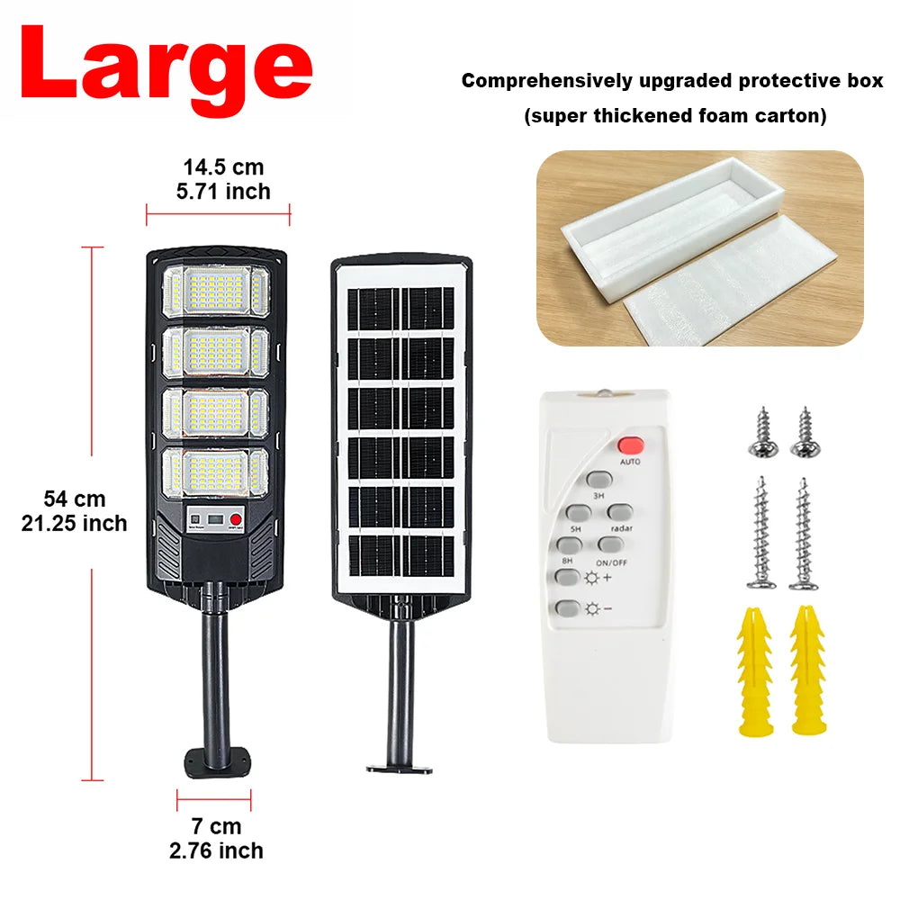 A large solar street light with a motion sensor and remote control, shown alongside its components.