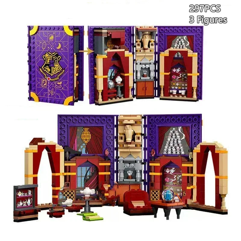 A set of 297 fantasy theme building blocks featuring magical book and castle structures in purple, red, and gold.