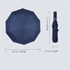 A dark blue automatic three-fold umbrella with a long handle and LED light.