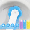 Wall-mounted disposable toilet brush set with refillable sponge heads shown in a white toilet bowl.