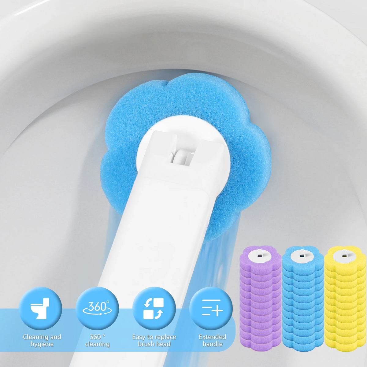 Wall-mounted disposable toilet brush set with refillable sponge heads shown in a white toilet bowl.