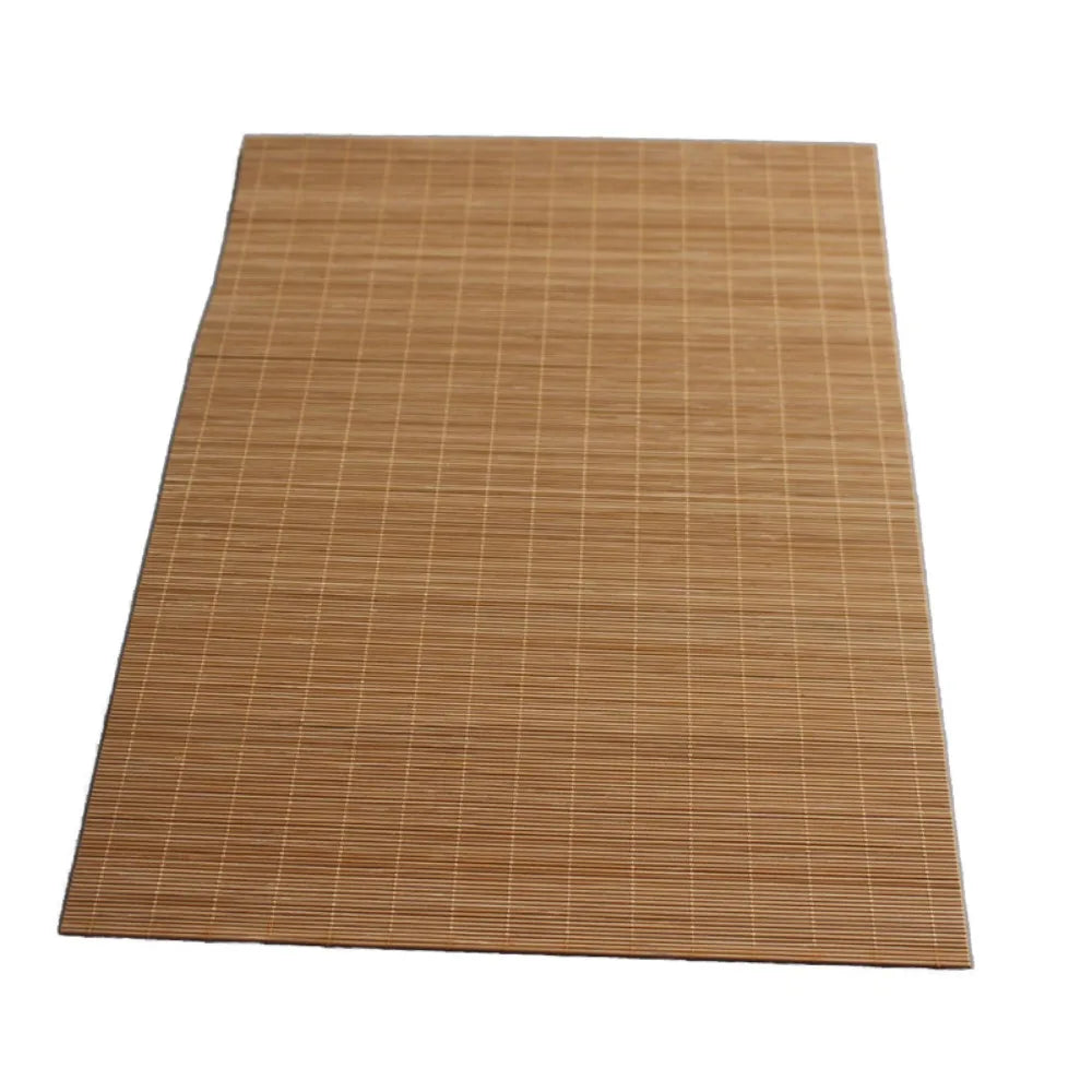 A rectangular bamboo tea mat with a woven texture in a light brown color.