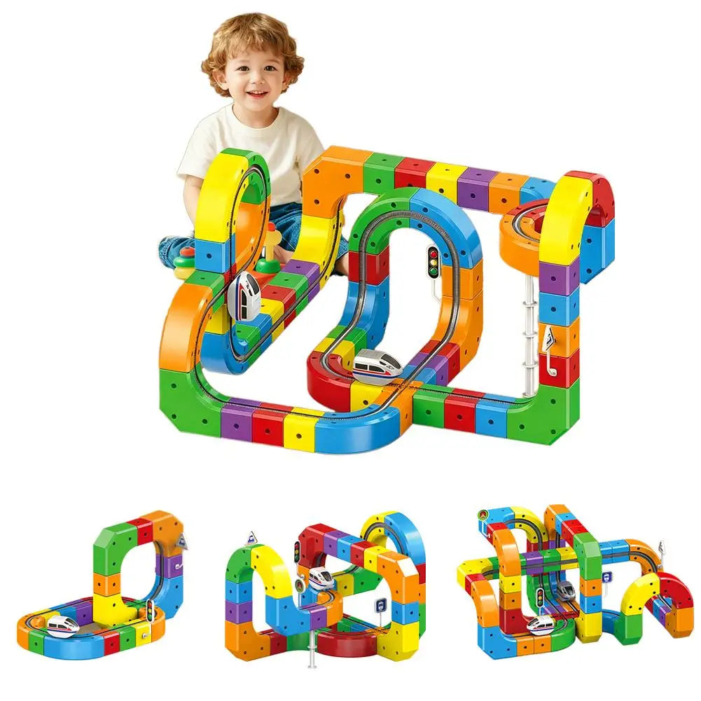 A set of colorful STEM electric train building blocks with a rechargeable engine and various track pieces.