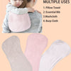 A set of three soft, multi-use baby burp cloths in pink and white are shown next to a baby.