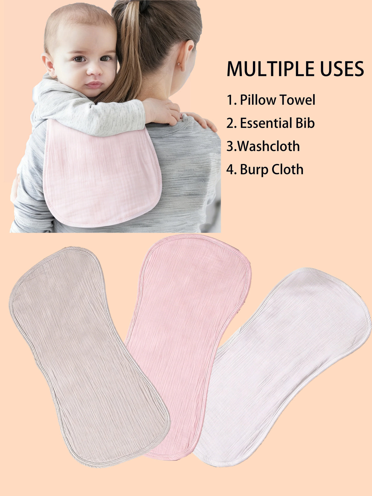 A set of three soft, multi-use baby burp cloths in pink and white are shown next to a baby.