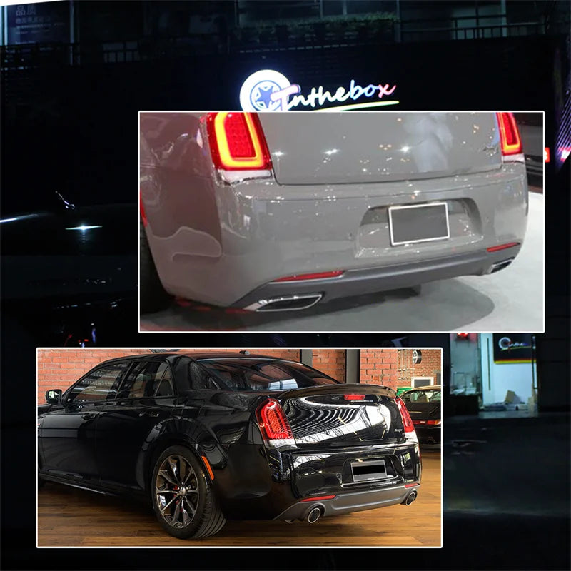 Close-up view of a silver Chrysler 300 rear bumper with aftermarket red reflector light covers.