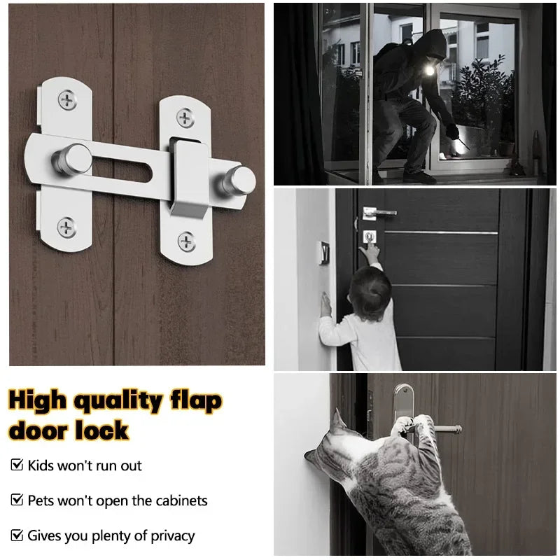 A close-up of a white stainless steel flap door lock installed on a wooden door, next to a person using a similar latch.