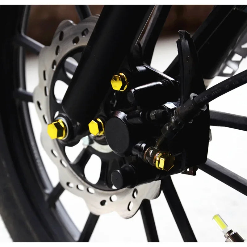 Close-up of a motorcycle wheel with decorative screw cap covers and bolts.