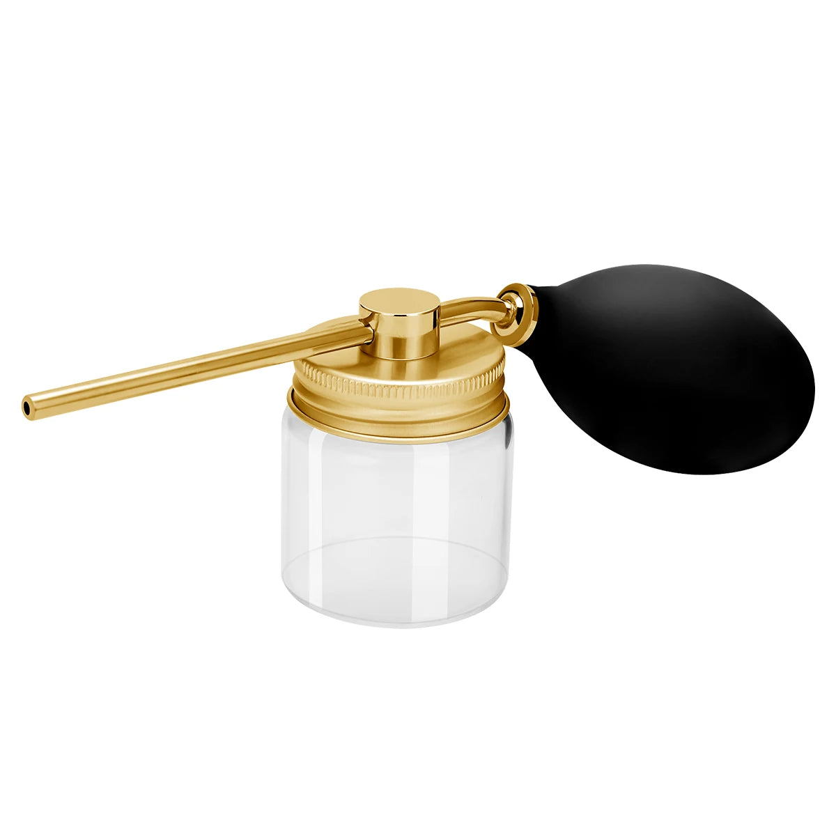 A gold-toned spray bottle with a black cap and glass body for hair fiber powder.