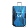 A dark blue and teal stretchable luggage cover with a silver handle and wheels.