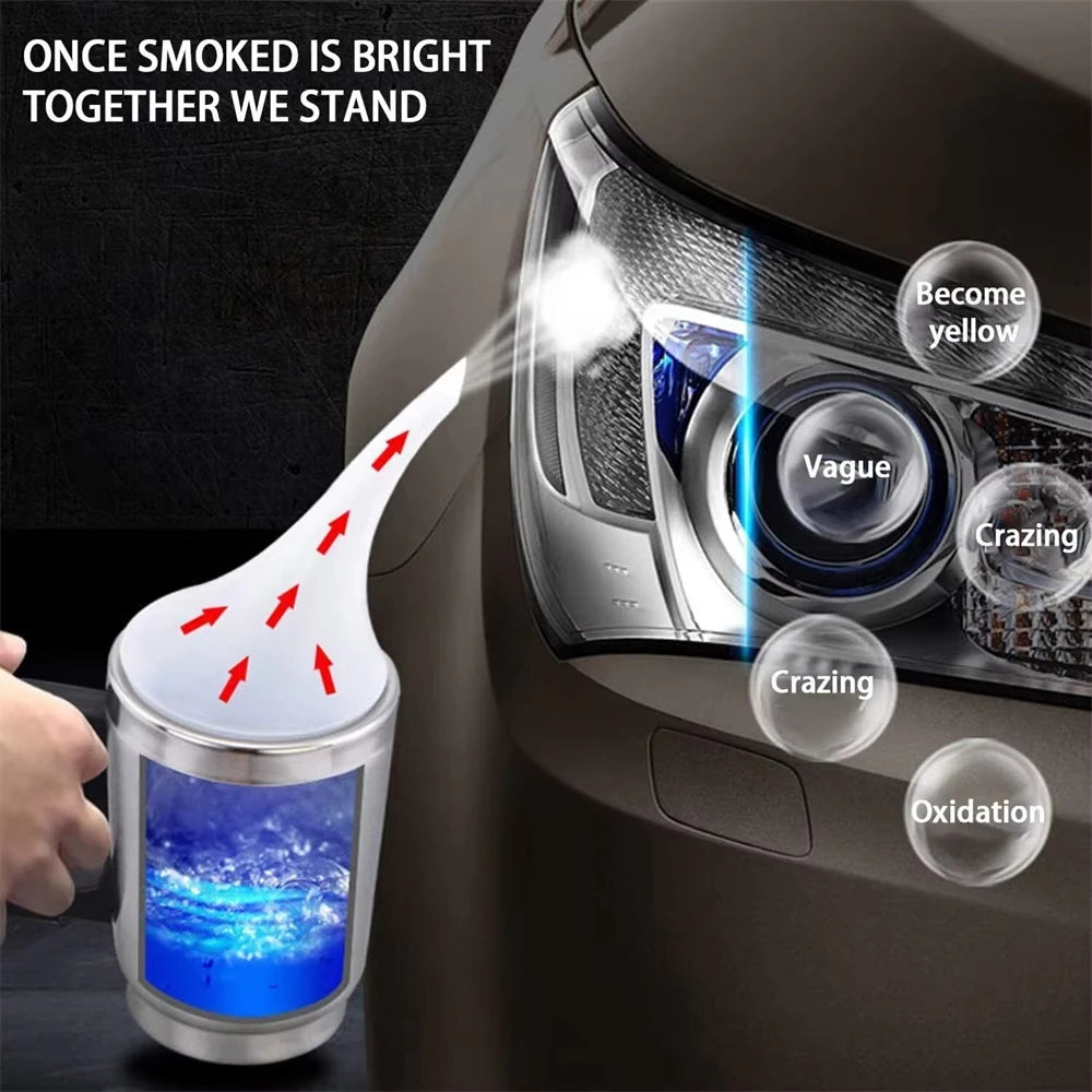 A close-up of a headlight restoration kit demonstrating the effects of smoking on automotive plastic, showing yellowing and c