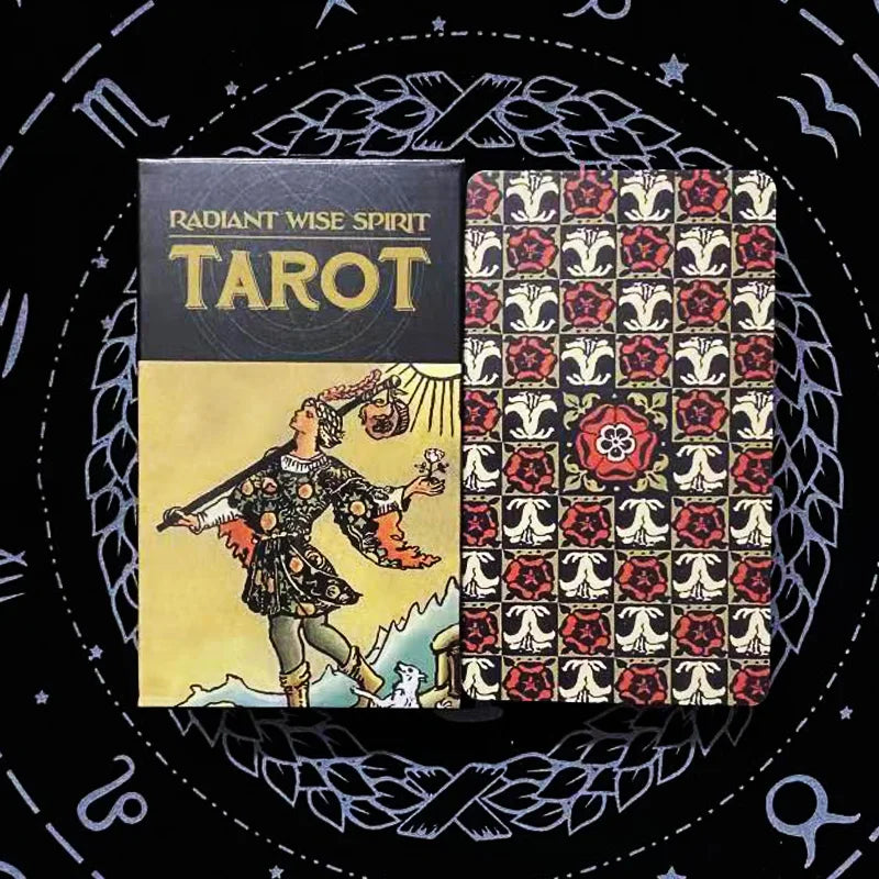 A box of Black Radiant Wisdom Tarot cards featuring a Rider-Waite deck and guidebook.