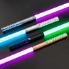 An RGB heavy dueling lightsaber with a metal hilt is shown glowing in various colors against a dark background.
