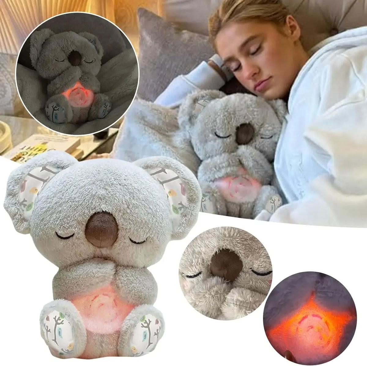 A plush koala toy with a soothing light feature is shown next to a person in a cozy setting.