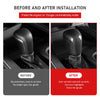 Before and after comparison showing a carbon fiber gear shift knob cover installation on a car interior.