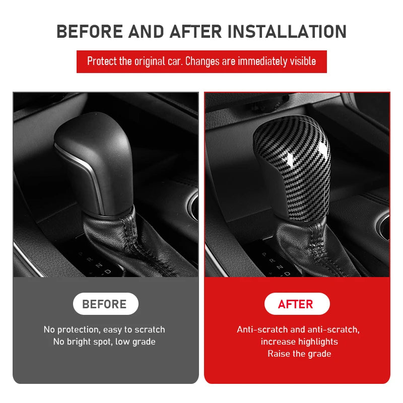 Before and after comparison showing a carbon fiber gear shift knob cover installation on a car interior.