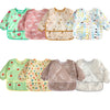 A collection of five pastel-colored waterproof long-sleeve baby bibs featuring various cute animal and nature patterns.