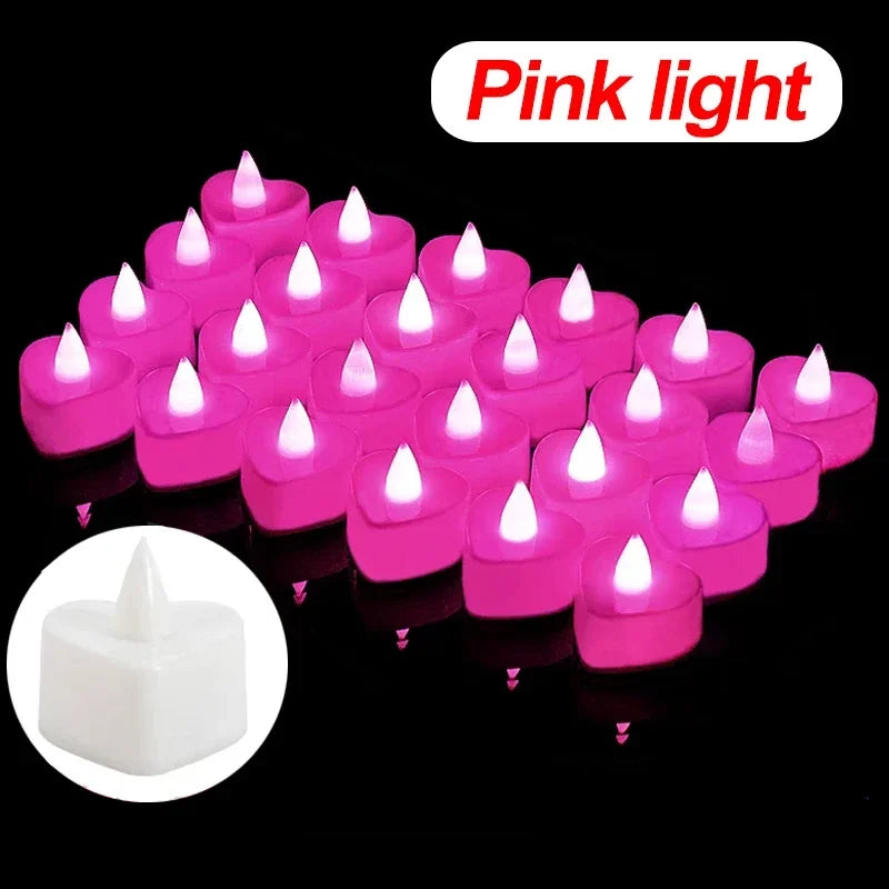 A collection of pink light heart-shaped flameless LED candles glowing against a black background.