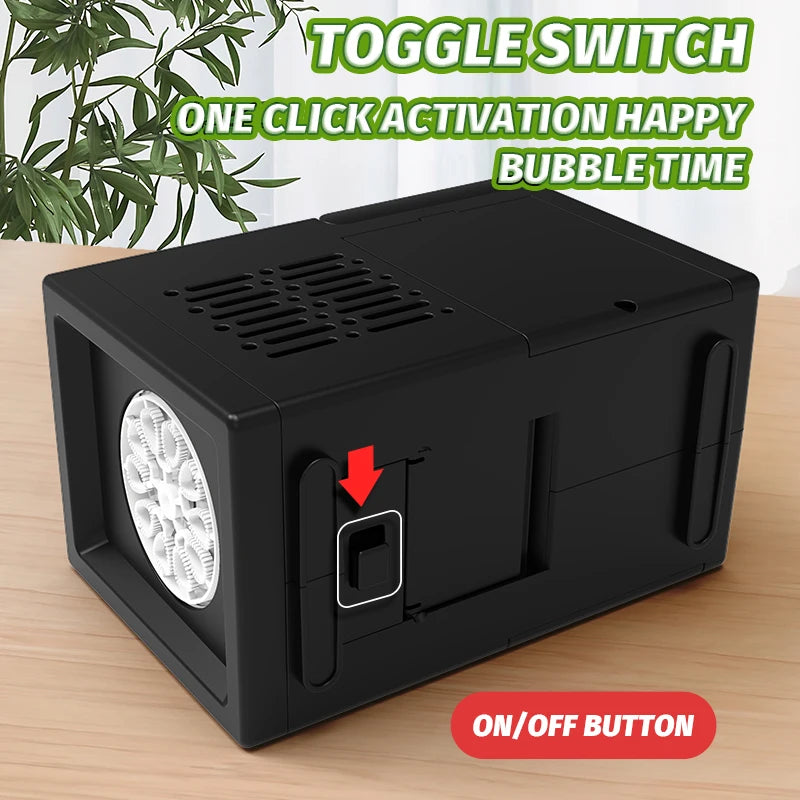 A black toggle switch device with an on/off button and a bubble nozzle is shown on a wooden surface.