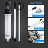 A manual oil extractor pump system showing the pump, tubing, and method for fluid extraction.