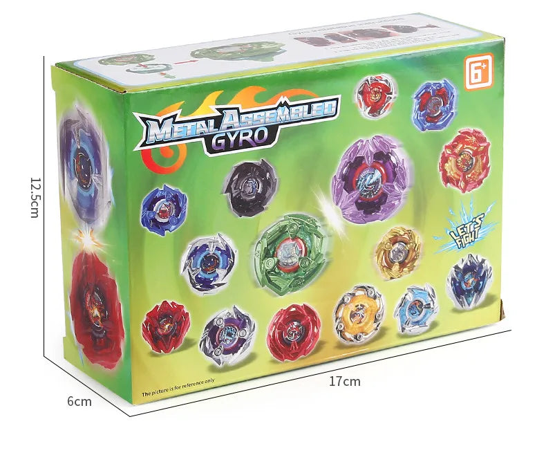 A box of the Metal Gyro Spinning Top Battle Set featuring various colored spinning tops and launchers.