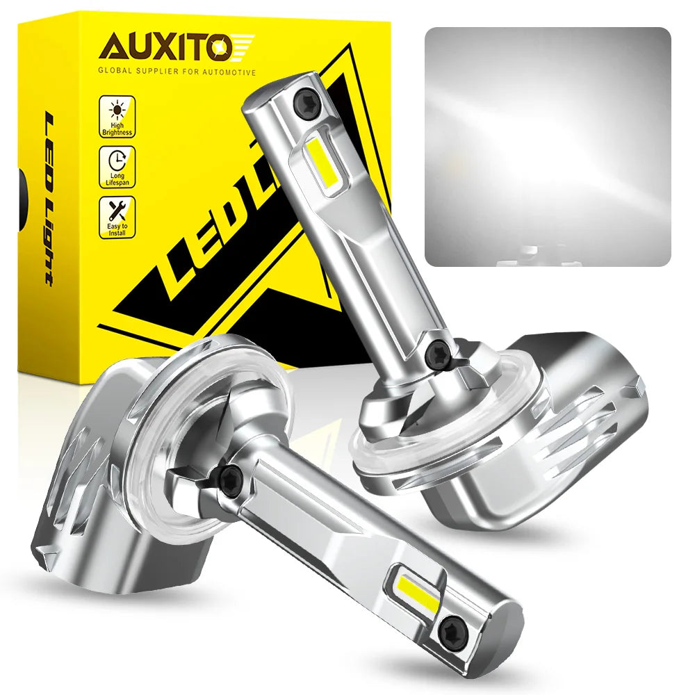 A silver LED fog light bulb and its packaging box are shown, highlighting the bright white light.