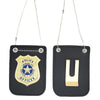 Black police badge role-play accessory with gold insignia and chain hanging from a clip.
