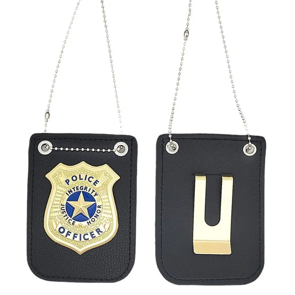 Black police badge role-play accessory with gold insignia and chain hanging from a clip.