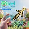 A hand holds a yellow pixel diamond sword fidget spinner with a charm, set against a blurred cityscape background.