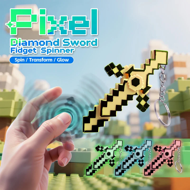 A hand holds a yellow pixel diamond sword fidget spinner with a charm, set against a blurred cityscape background.
