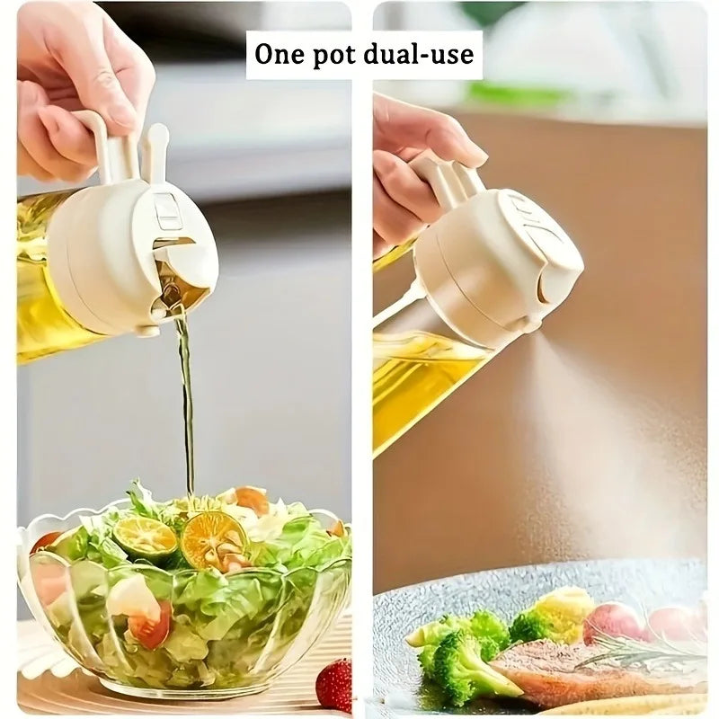A hand is using a one pot dual-use oil spray bottle to drizzle olive oil over a salad.