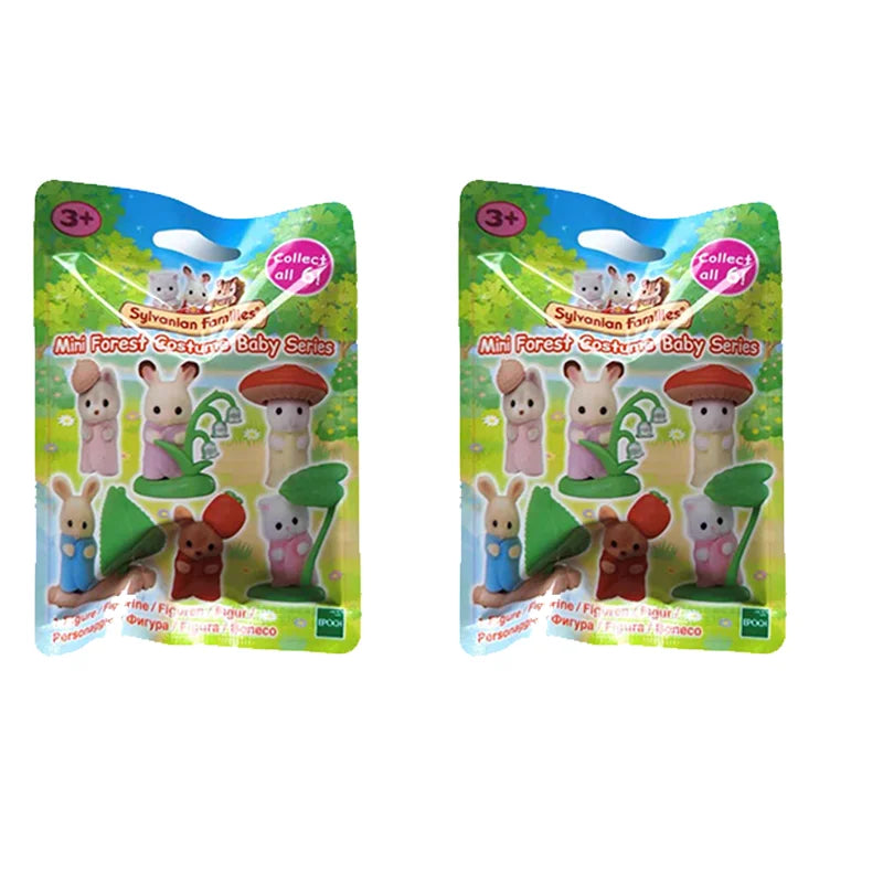 A set of Sylvanian Families Mini Forest Costumes baby series featuring various animal figures and food accessories.