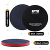 A black polishing pad with a blue edge and a 6-inch diameter, shown next to a measuring guide.