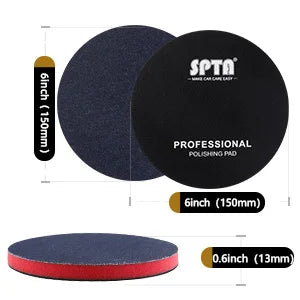 A black polishing pad with a blue edge and a 6-inch diameter, shown next to a measuring guide.