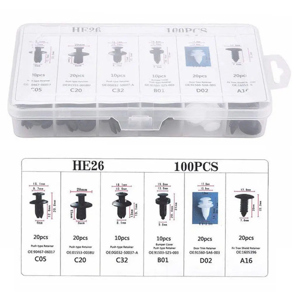 A plastic kit containing various auto fasteners and clips for car body trim, labeled with part numbers like C05, C20, and A16