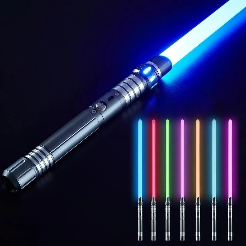 A metal lightsaber with a blue laser blade and several colored light blades displayed against a dark background.