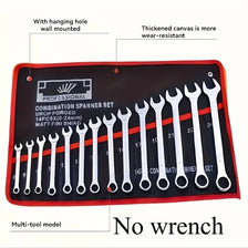A red professional combination spanner set with a hanging hole and thickened canvas for storage.