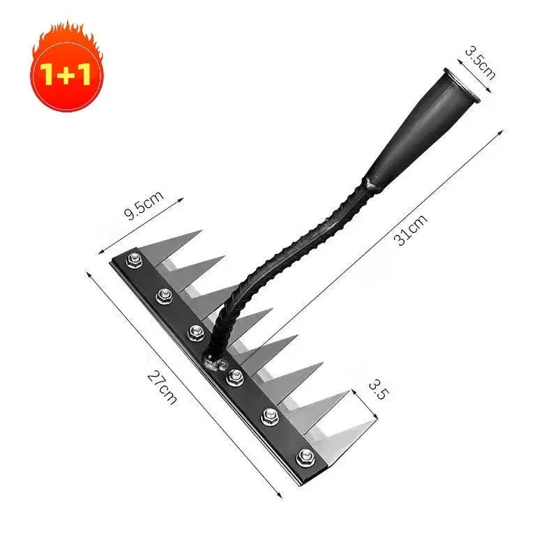 A black garden hand rake with a long, flexible handle and a flat blade.