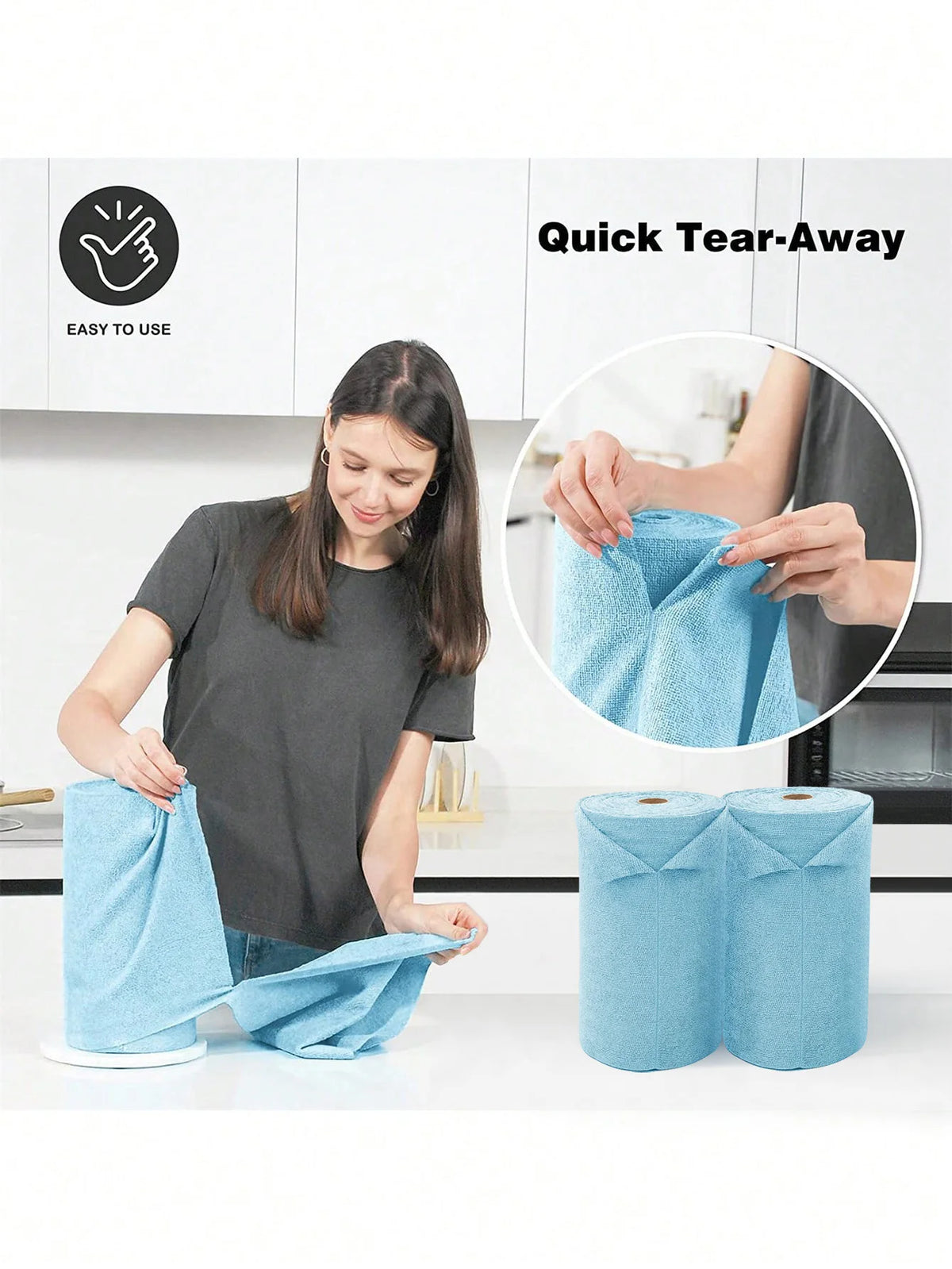 A woman is using a blue reusable ultra-fine fiber tear-off towel roll for cleaning.
