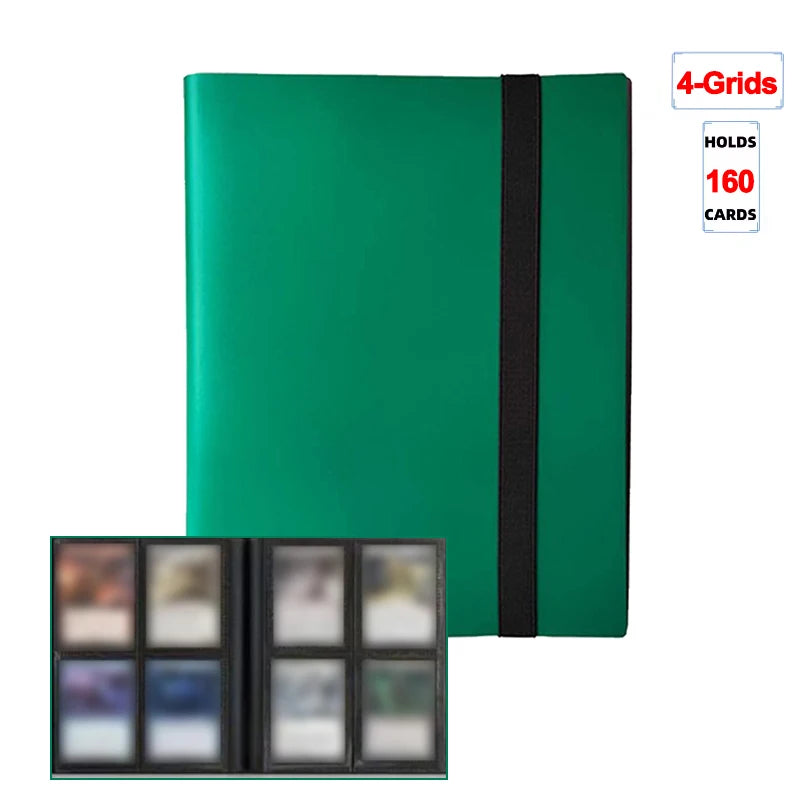 A green card binder album with a black spine, showing an open view of the interior.