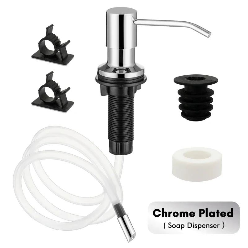 Stainless steel liquid soap dispenser with a clear silicone extension tube and pump head