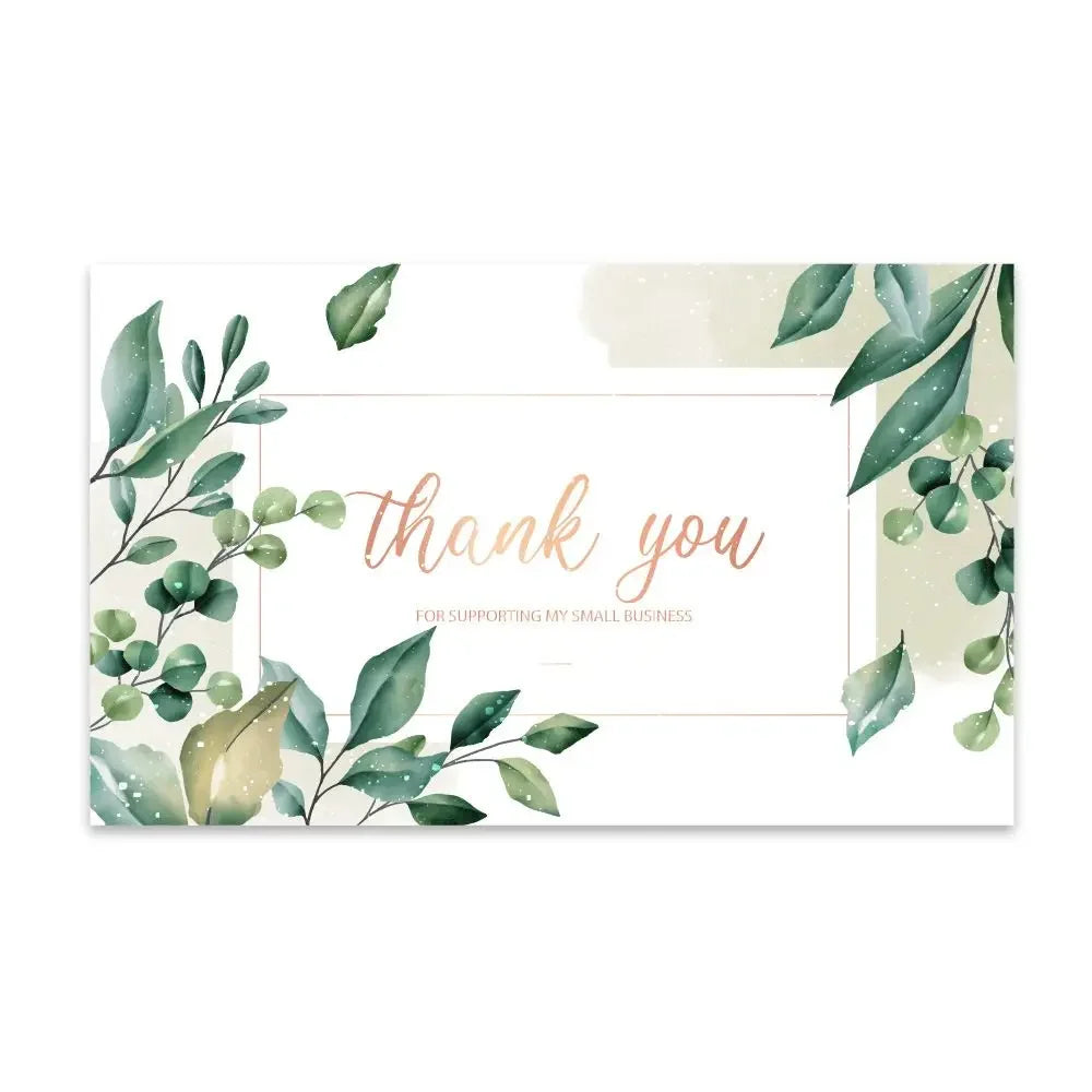 A greeting card design featuring green eucalyptus leaves and a clean white background with the text thank you for supporting 