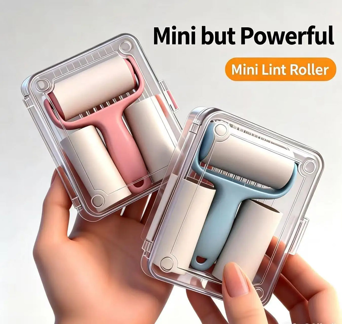 A hand holds a clear plastic container of a mini lint roller with pink and light blue rollers.