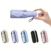 A hand holds a purple compact 5-fold travel umbrella with UV protection, showing its folded and unfolded state.
