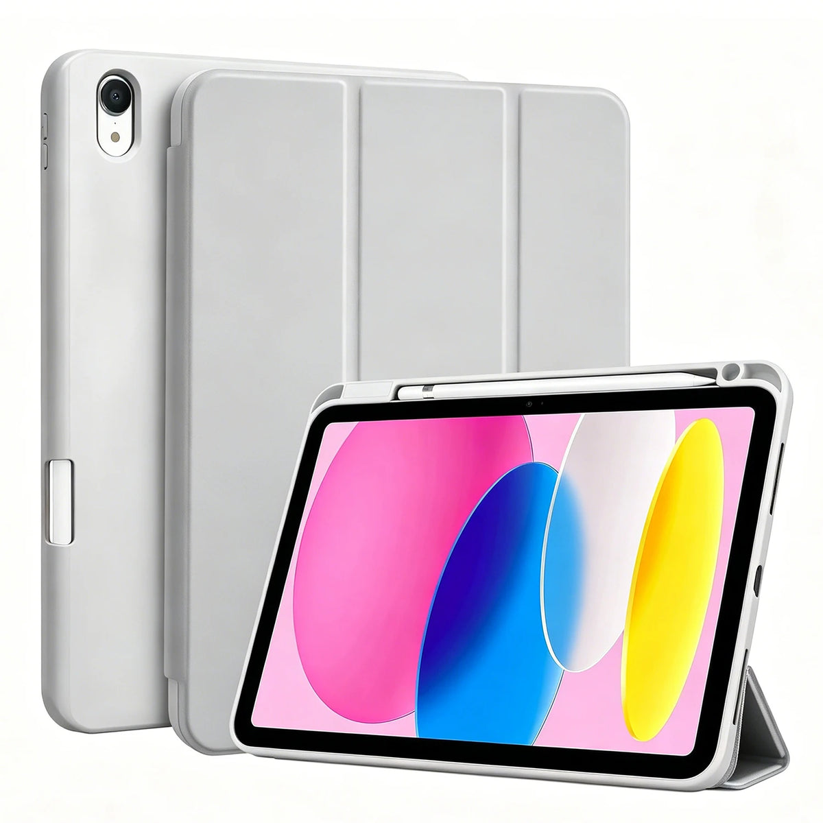 A white magnetic flip tablet case with a built-in pencil holder is shown next to a silver tablet.
