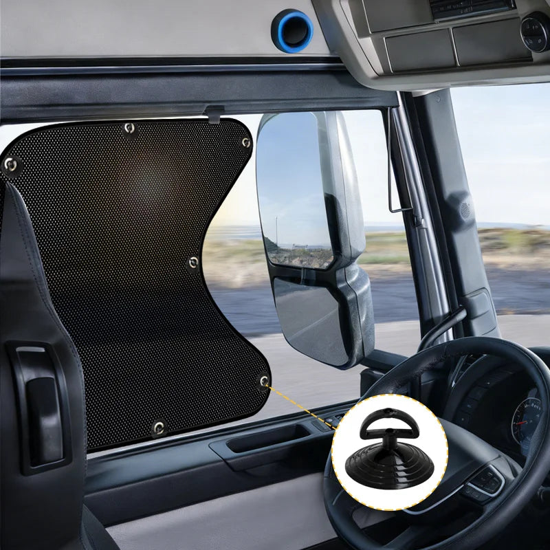 A black truck side window sunshade is shown installed in a vehicle, with an arrow pointing to the steering wheel.
