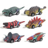 Six pull-back dinosaur toy cars in various colors and types displayed on a white background.