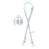Light blue leather shoulder strap with metal hardware shown against a white background.