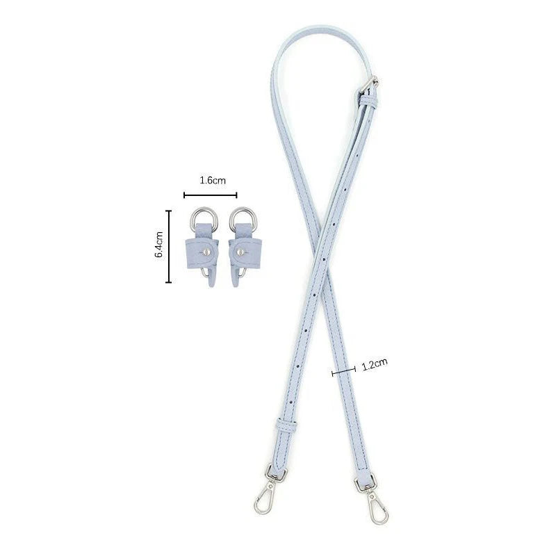 Light blue leather shoulder strap with metal hardware shown against a white background.