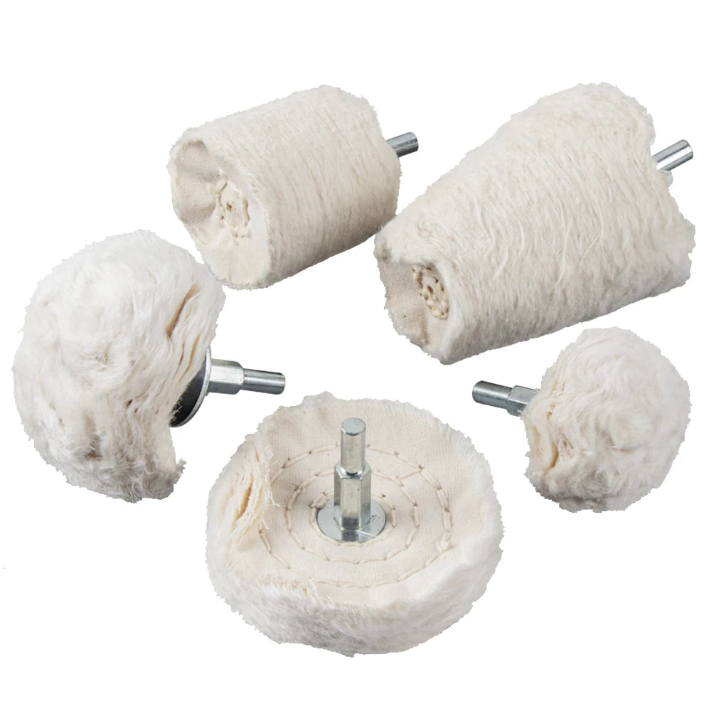 A set of cotton polishing buffing wheels with 1/4 inch shank for use with a drill.